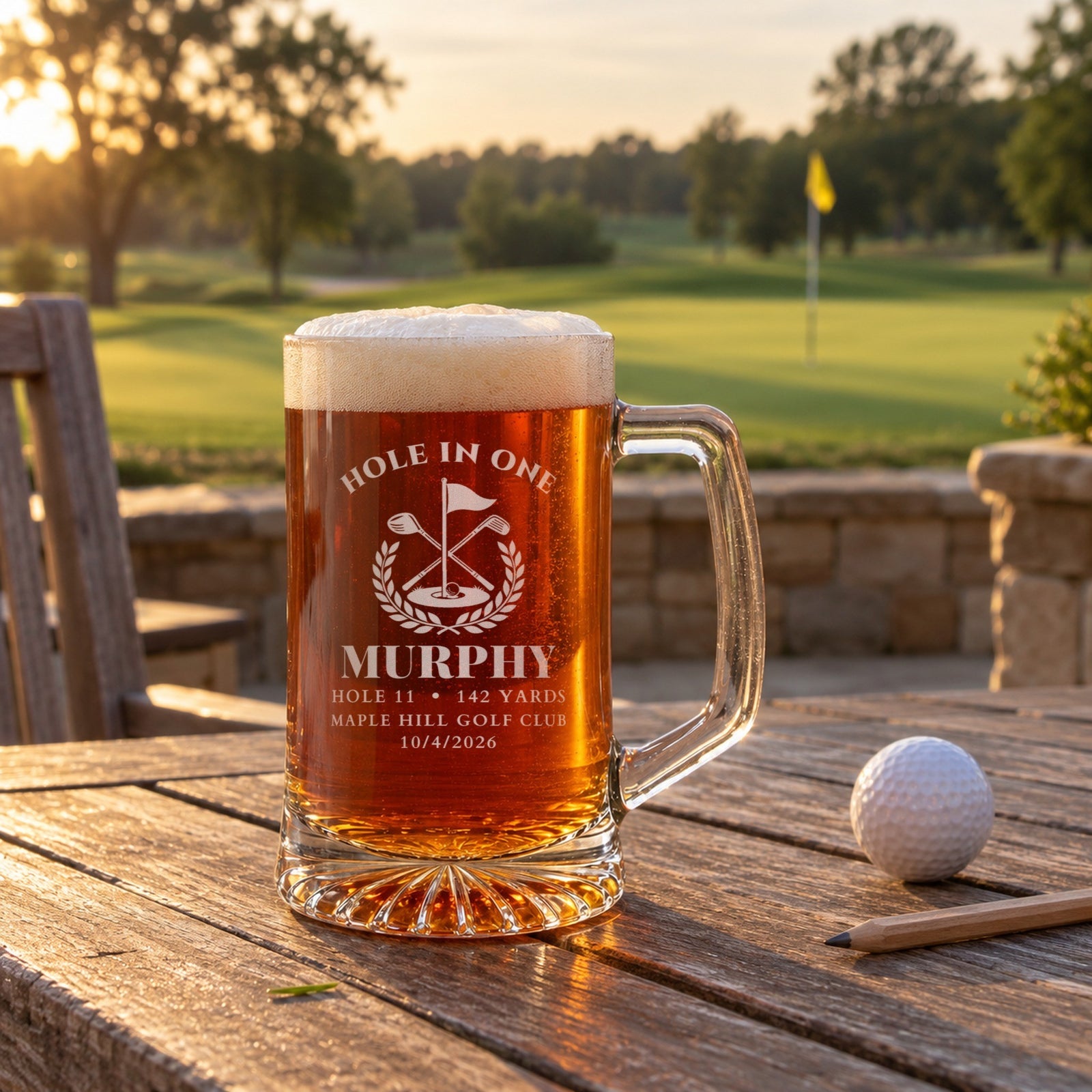 Personalized hole in one beer stein on a golf clubhouse patio table at sunset beside a golf ball, engraved for MURPHY on hole 11 from 142 yards