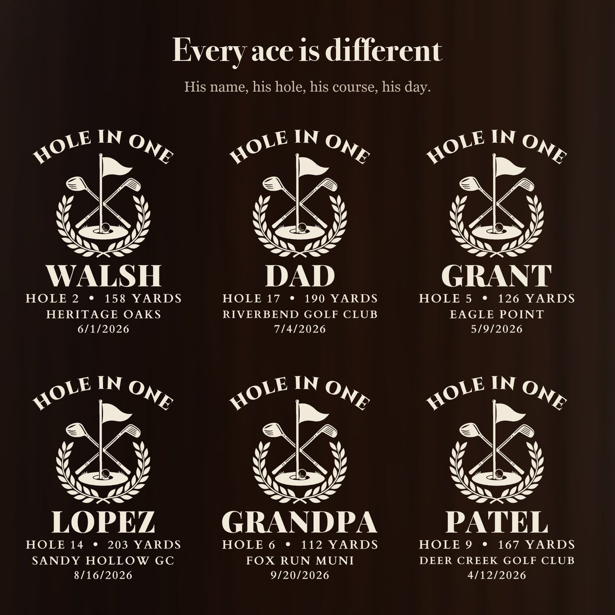 Six hole in one beer steins engraved for different golfers, including one for DAD and one for GRANDPA, each with its own hole, yardage, course and date