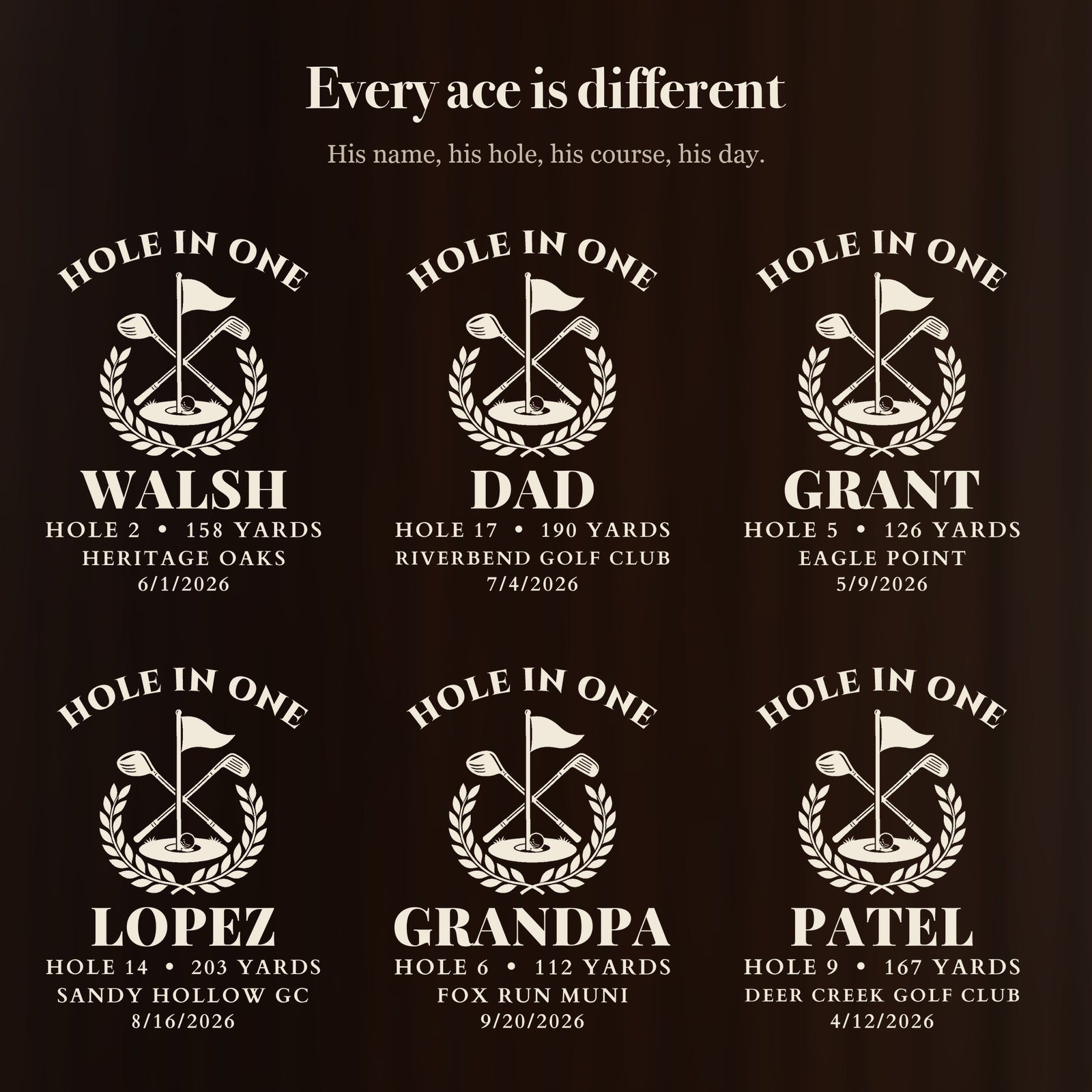 Six hole in one beer steins engraved for different golfers, including one for DAD and one for GRANDPA, each with its own hole, yardage, course and date
