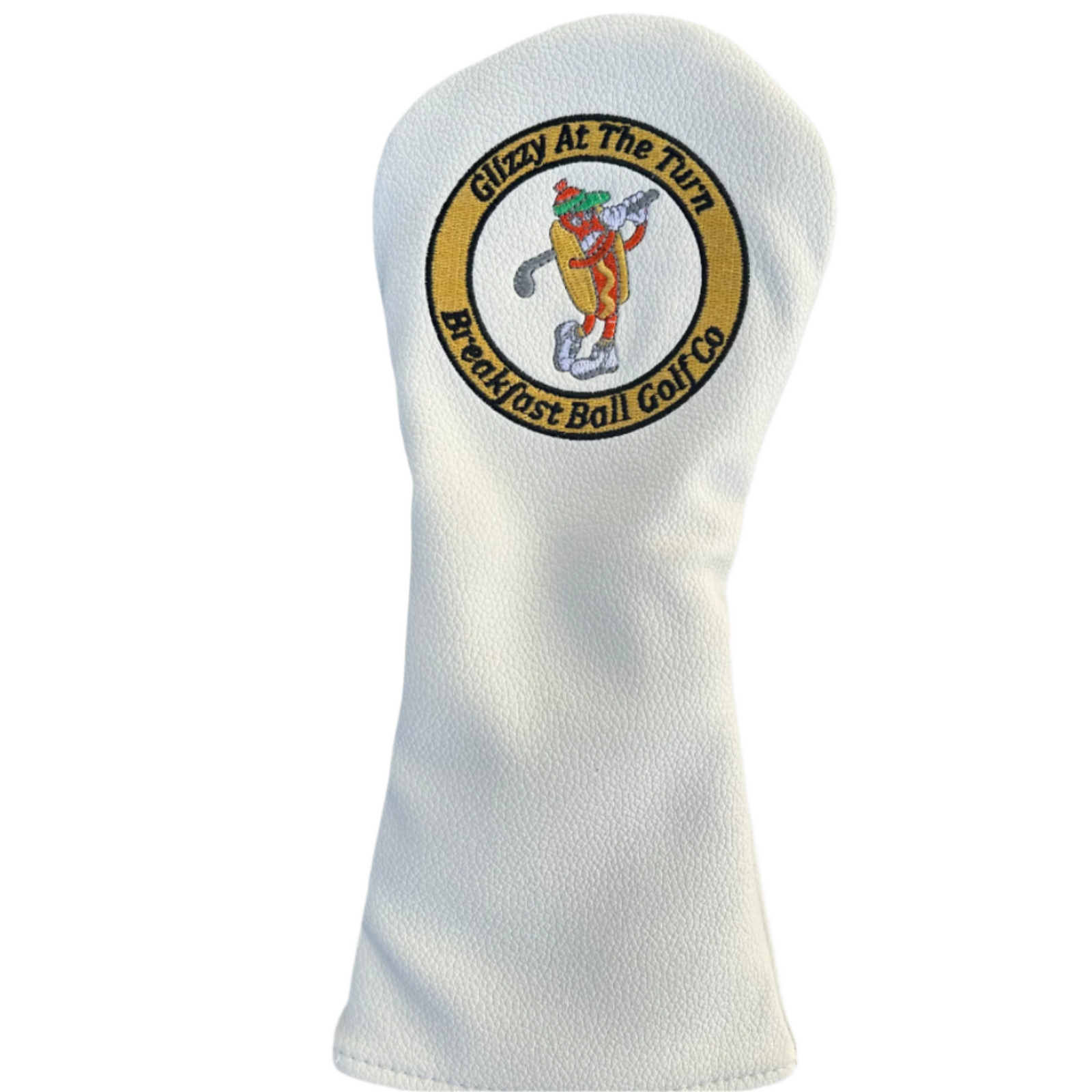 White golf club head cover with a logo on a white background