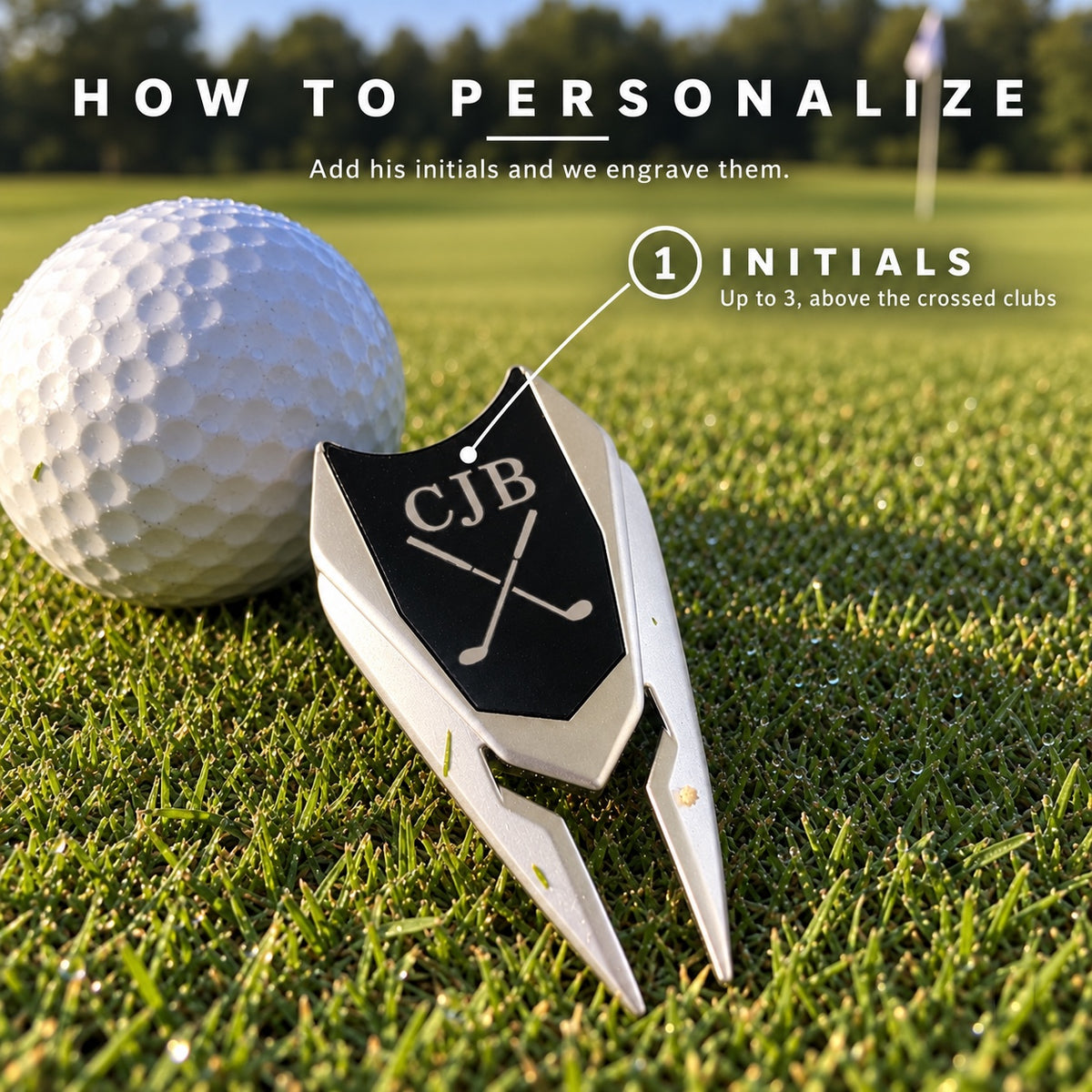 How to personalize the Earth Adjuster divot tool: add up to 3 initials, like CJB, and we engrave them above the crossed golf clubs on the marker