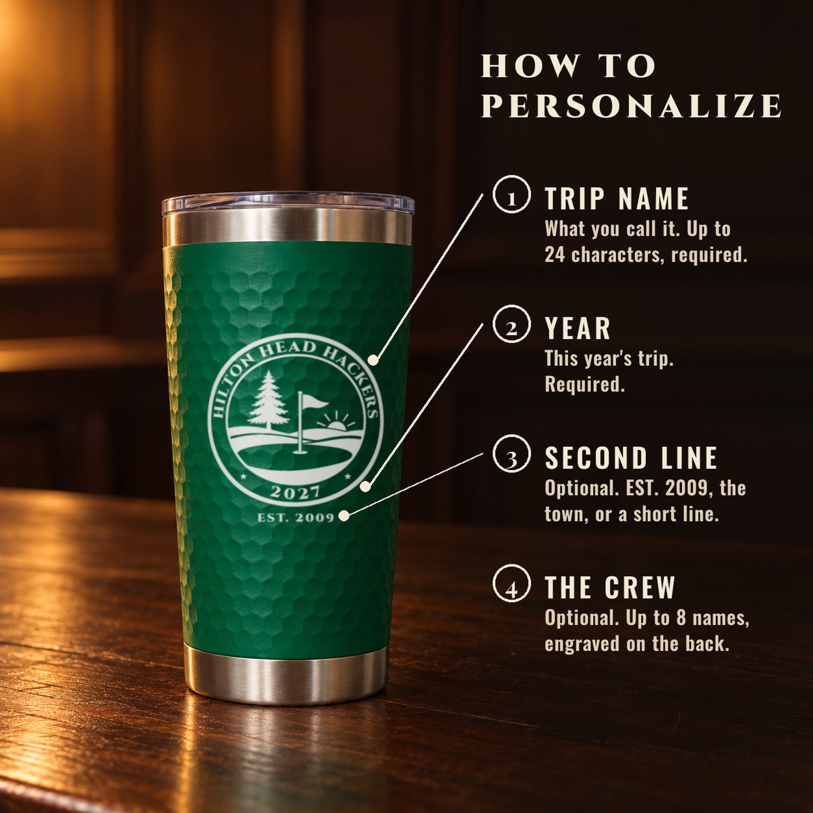 How to personalize the golf trip tumbler: trip name, year and an optional second line on the front, and the crew's names on the back if you want them