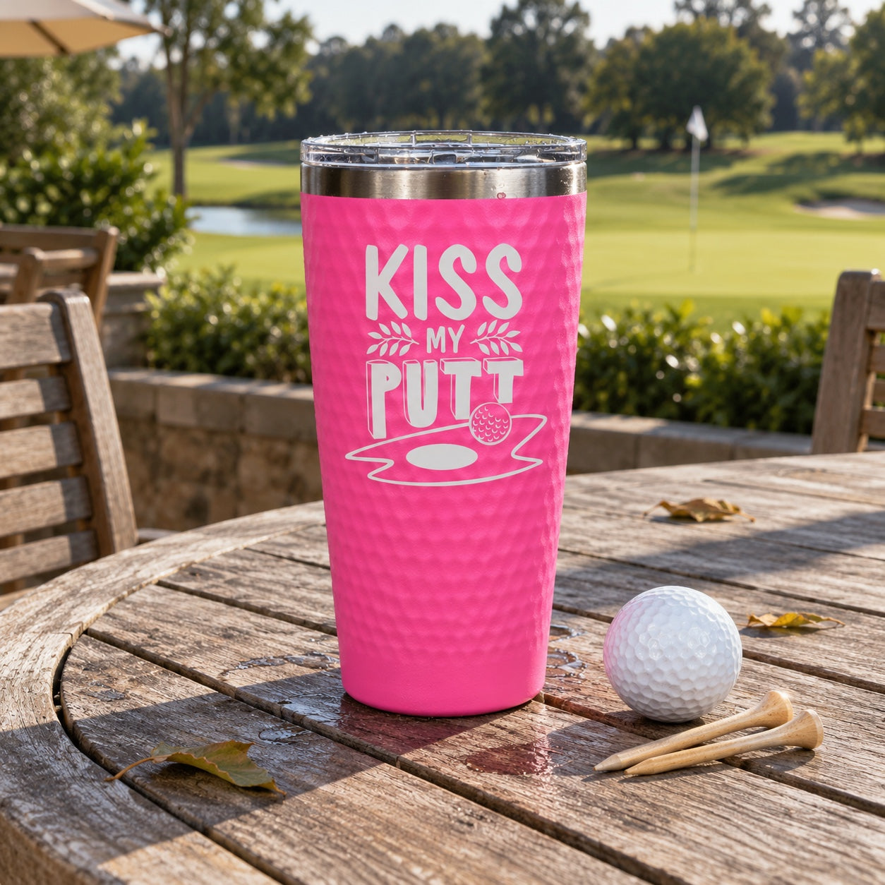 Pink Kiss My Putt golf tumbler on a teak patio table at the clubhouse, white print, a golf ball and tees beside it and the 18th green behind