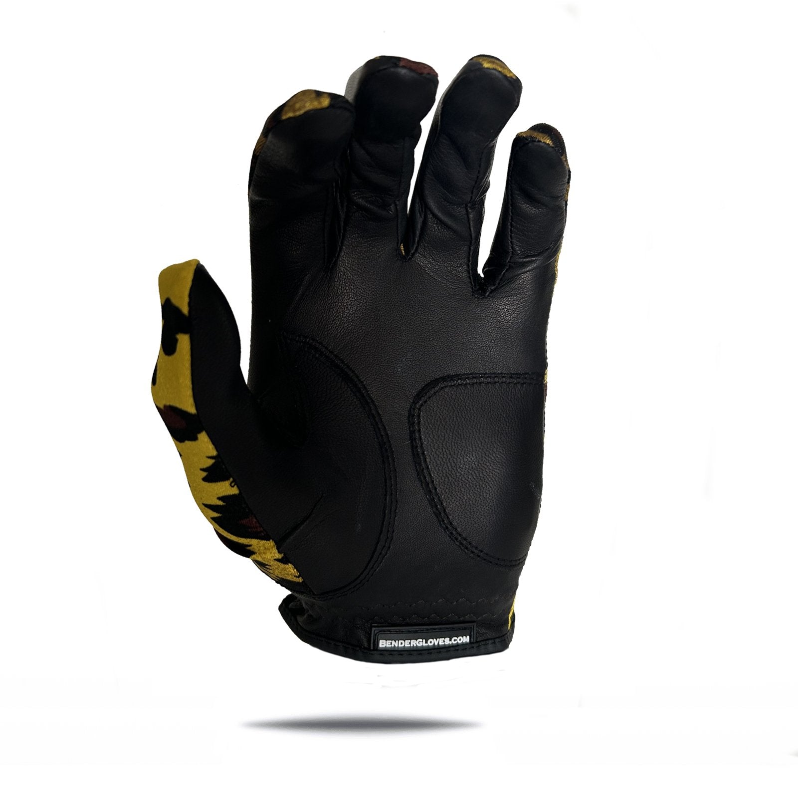Yellow and black leopard print spandex golf glove with AA cabretta leather palm and hook-and-loop wrist closure