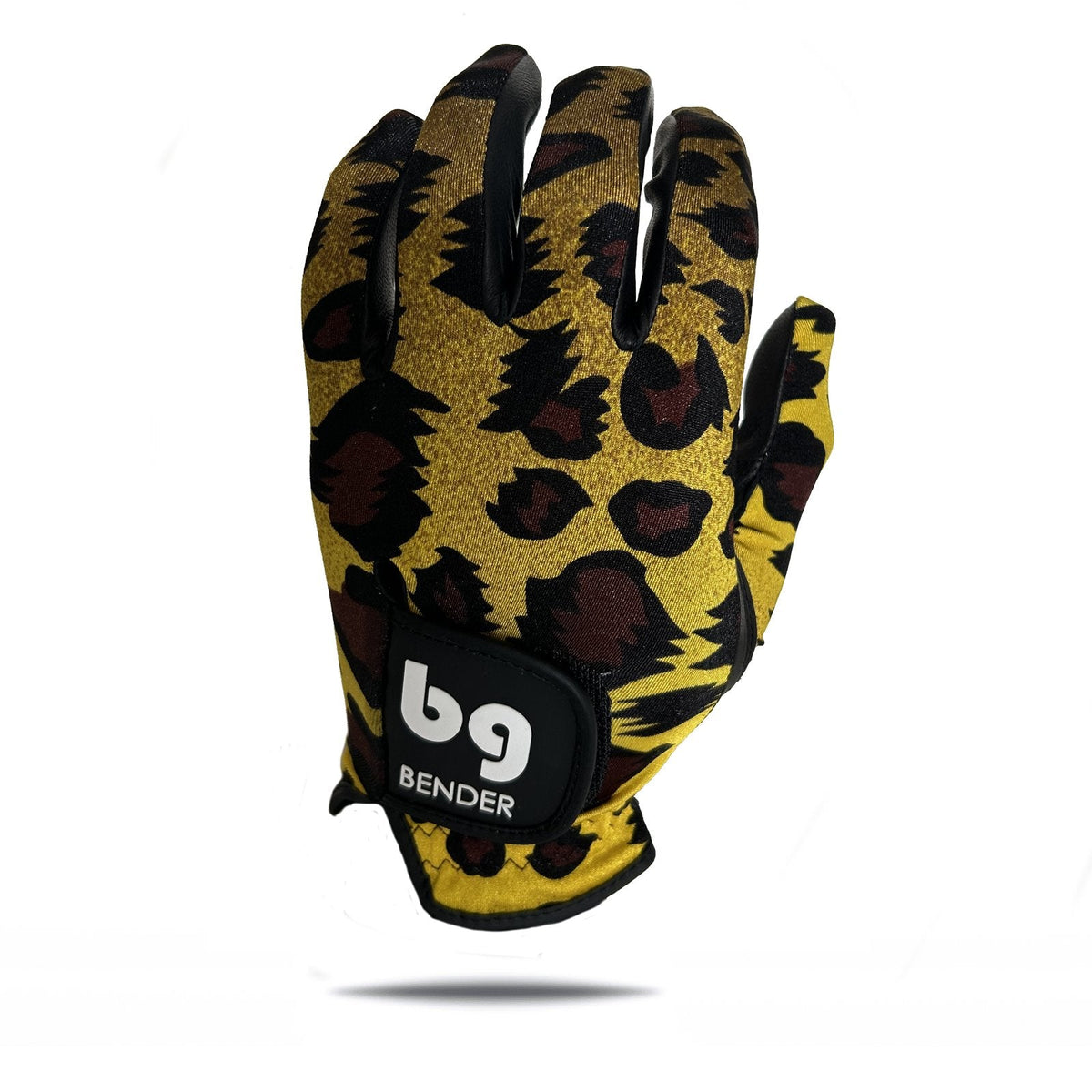 Yellow and black leopard print spandex golf glove with AA cabretta leather palm and hook-and-loop wrist closure
