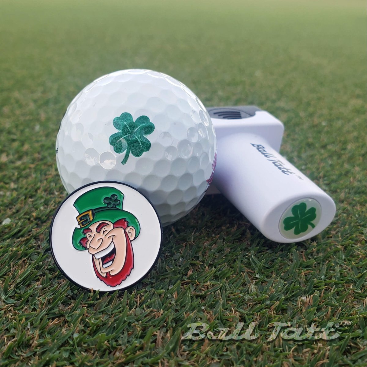Clover golf ball stamp with Leprechaun ball marker for unique marking.