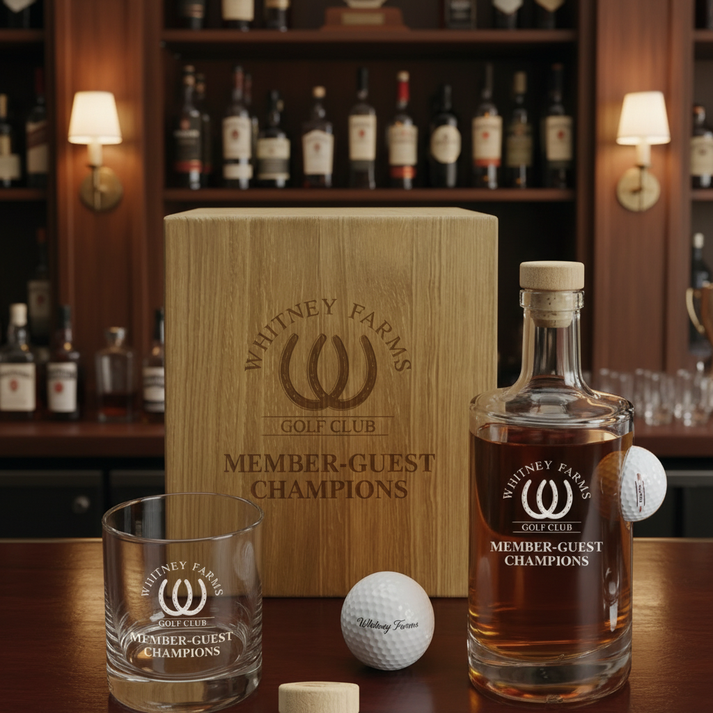 Custom golf decanter set with embedded golf ball, paired whiskey glass engraved with Whitney Farms Golf Club Member-Guest Champions logo, and wooden presentation box