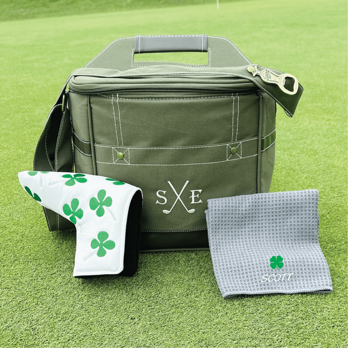 Golf accessory set with personalized cooler, towel, and headcover