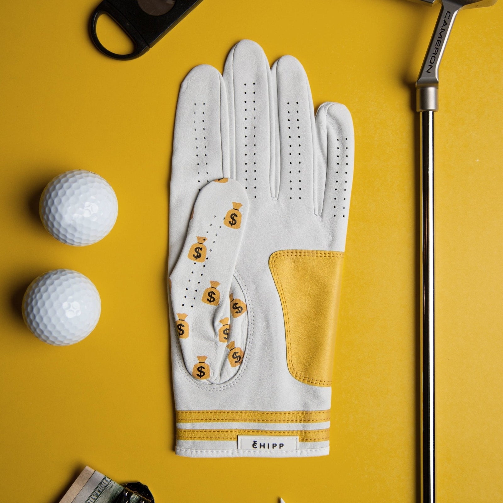 Money Bags golf glove with dollar-bill pattern on premium cabretta leather