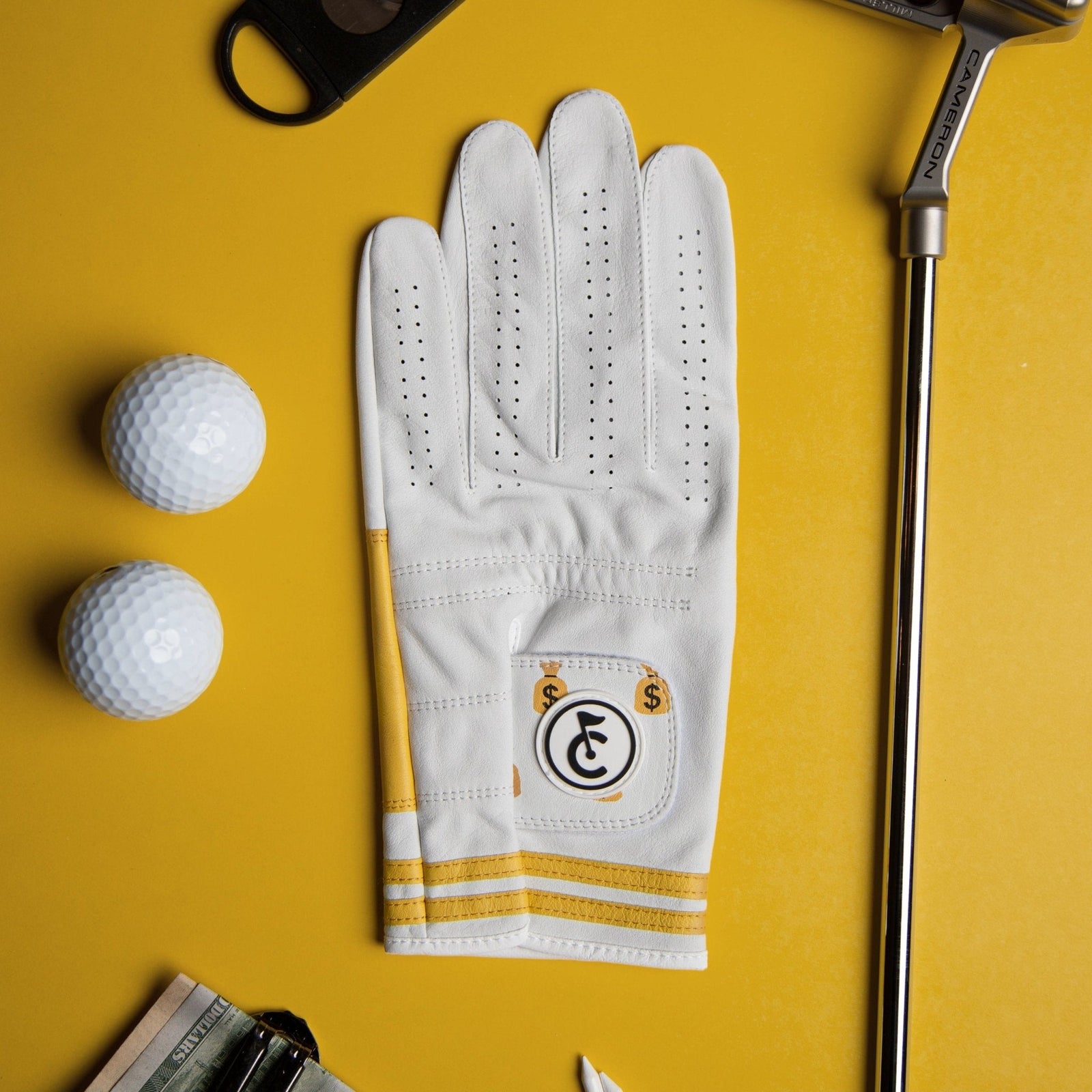 Money Bags golf glove with dollar-bill pattern on premium cabretta leather