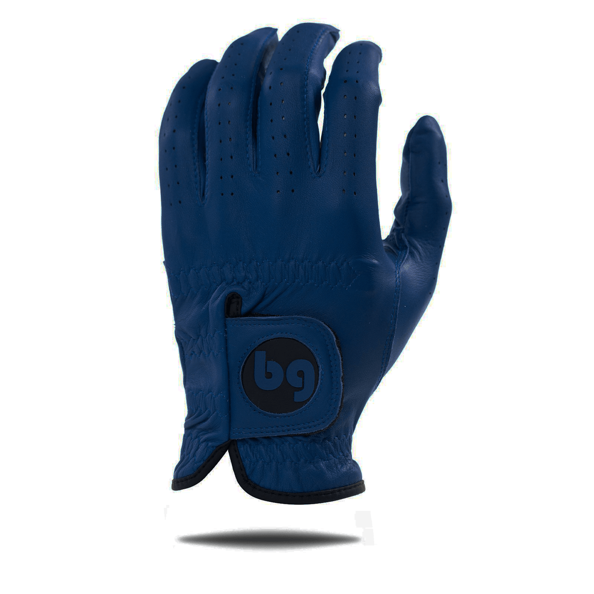Navy blue AA cabretta leather golf glove with perforated fingers and hook-and-loop wrist closure