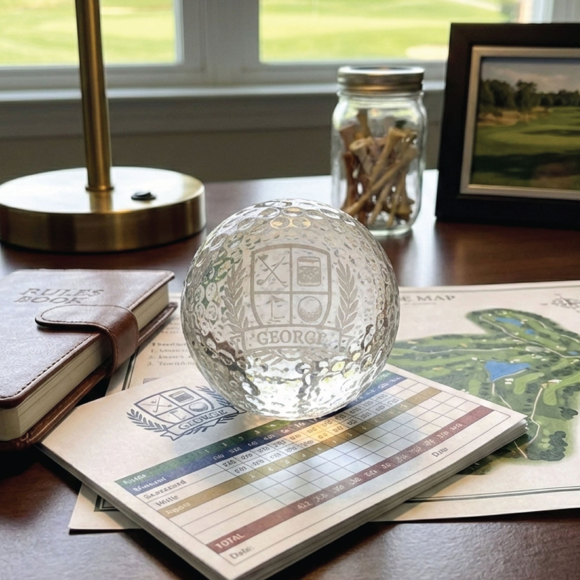 Executive Crystal Golf Ball Paperweight, desk golf gift for dad