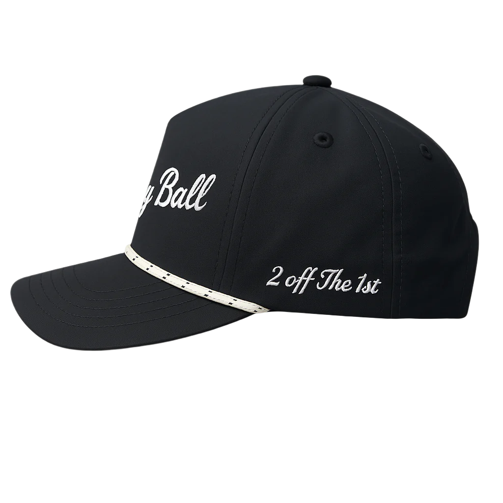 Black cap with 'Breakfast Ball Golf Co.' text on a white background