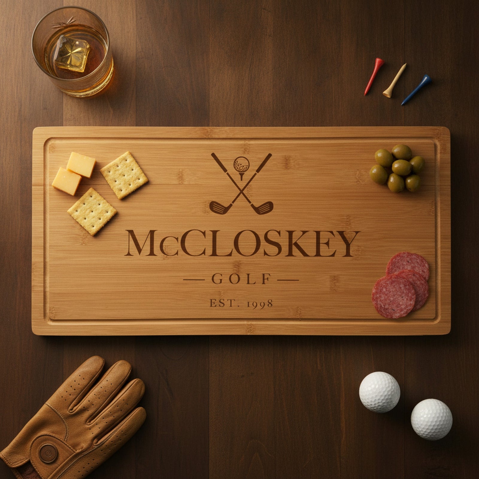 Engraved golf bamboo board on a dark walnut table with cheddar and crackers at one end, olives and salami at the other, beside a whiskey glass and a leather glove.
