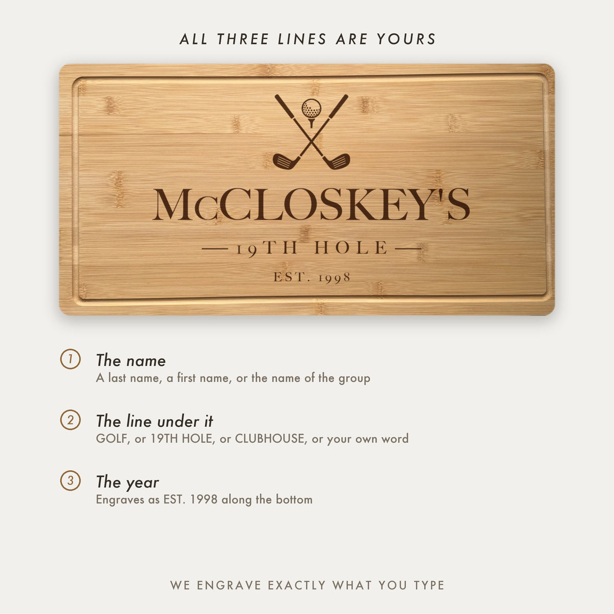 How the golf board is personalized, showing McCloskeys 19th Hole as an example with all three lines set by the customer including the middle word.