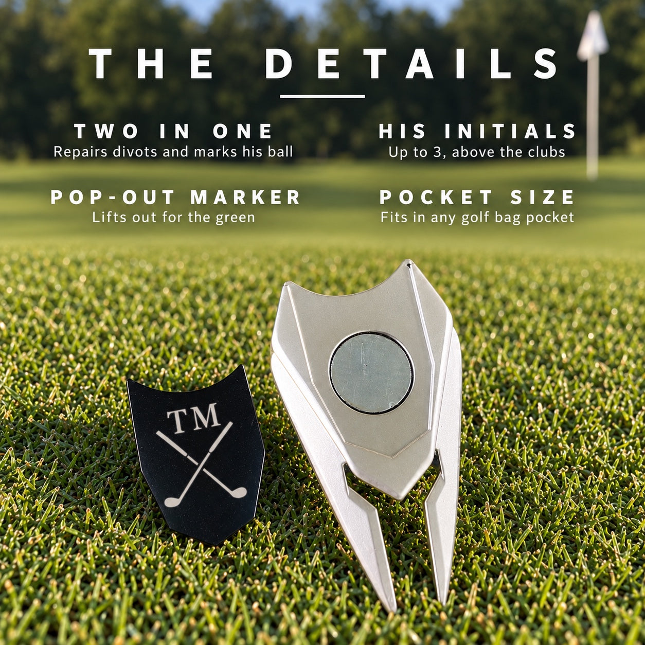 Earth Adjuster golf divot tool on a putting green, the black pop-out ball marker engraved with the initials RK above two crossed golf clubs