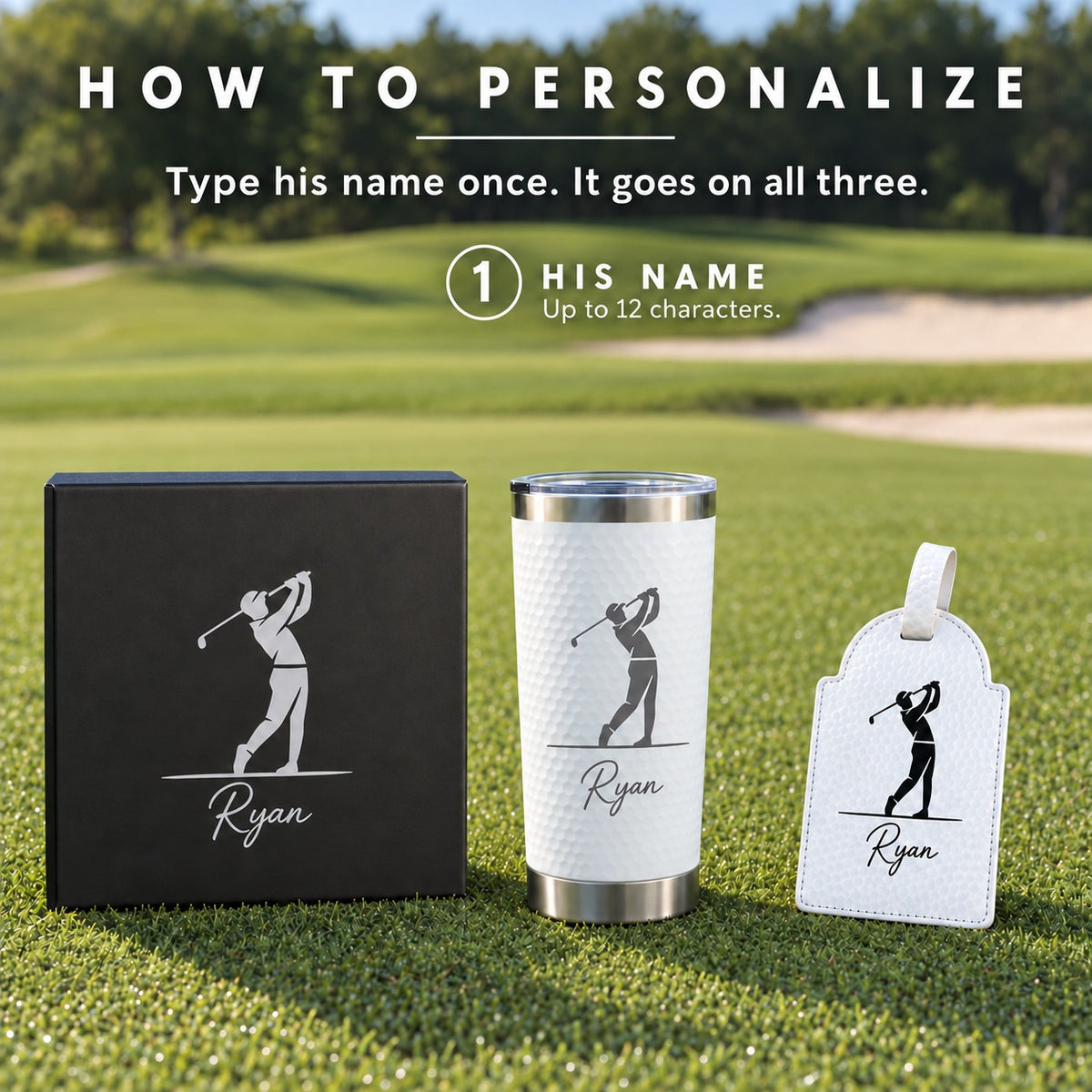 How to personalize the golf gift box: one name, Ryan, engraved with a golfer silhouette on the box lid, the 20 oz tumbler and the bag tag, a custom golf gift