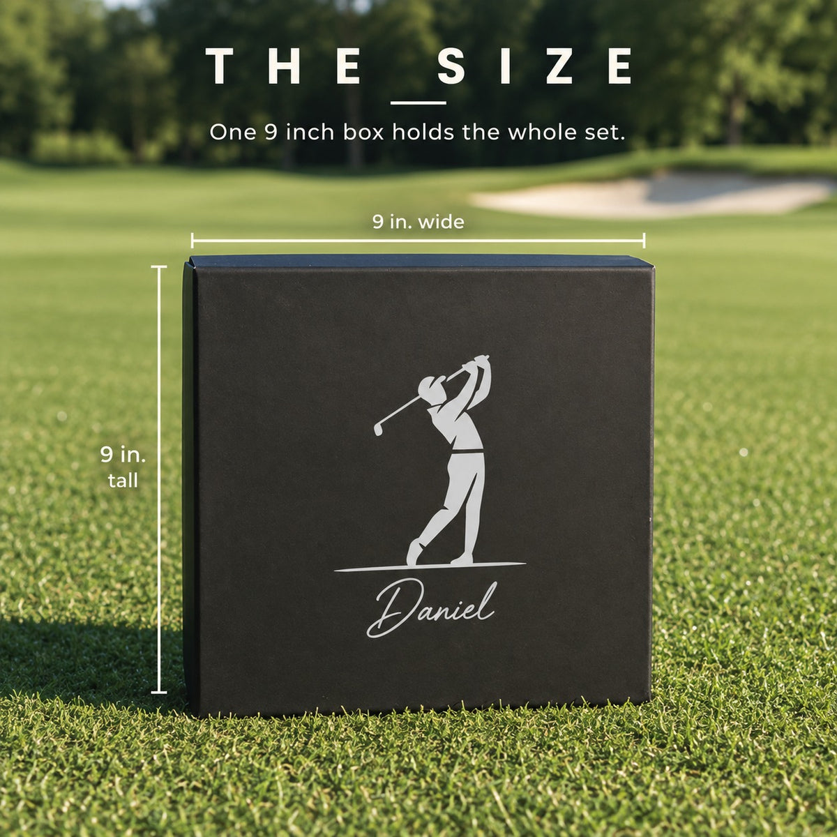 Personalized golf gift box with a golfer silhouette and the name Daniel on the lid, standing on a putting green with its 9 inch width and height marked