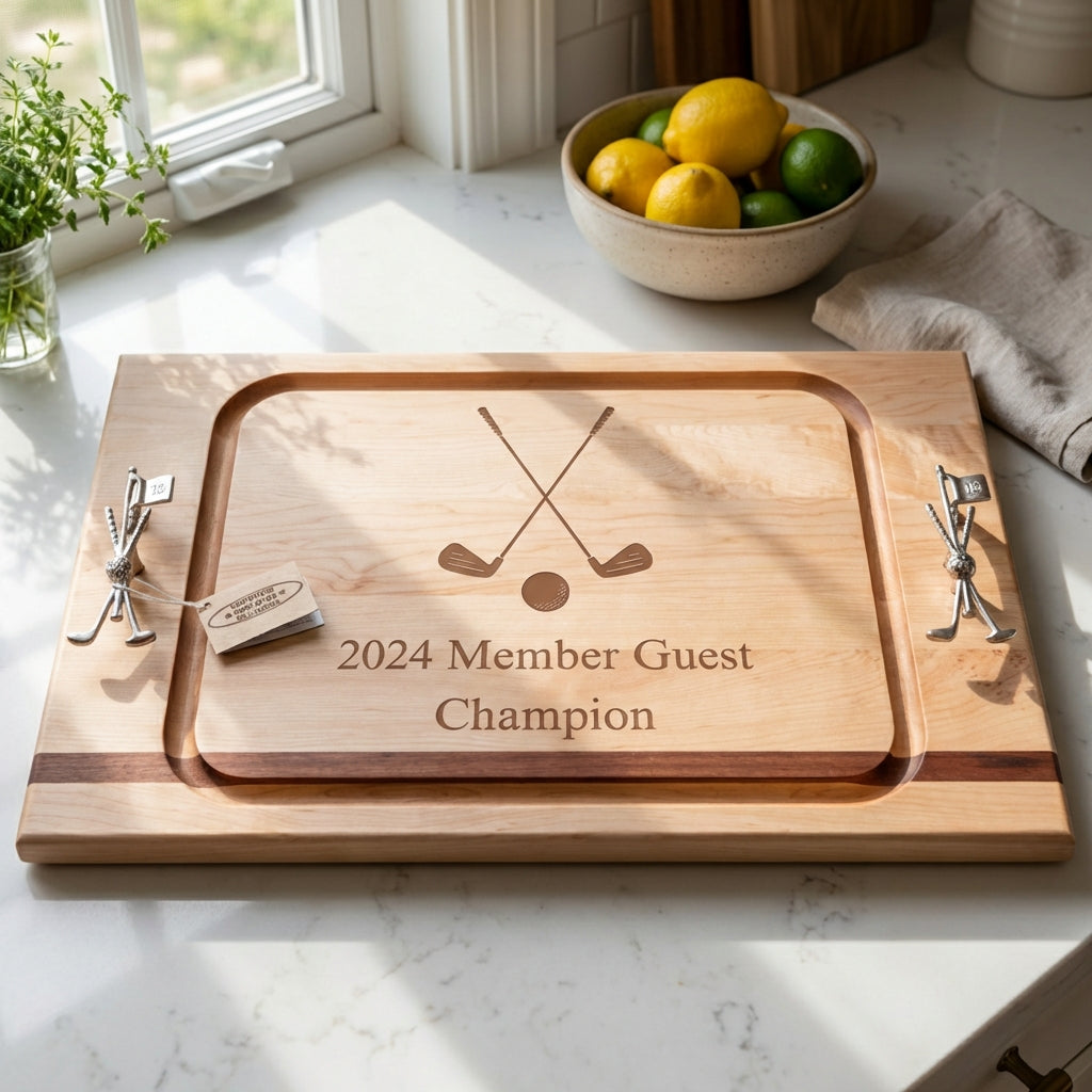 Wooden serving board engraved with crossed golf clubs, golf ball, and "2024 Member Guest Champion" text, displayed on marble countertop with golf ball markers on sides