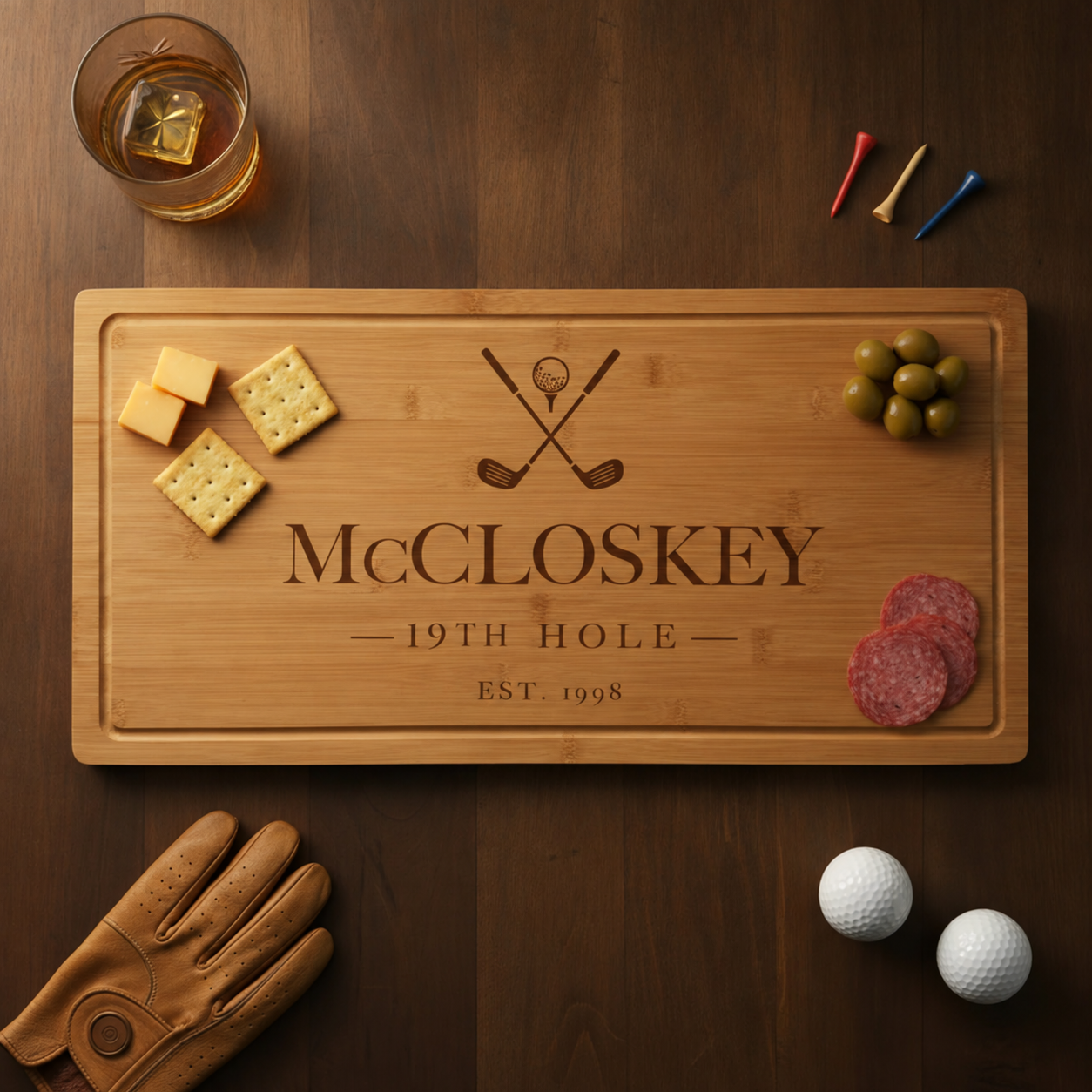 Wooden cutting board with sample engraving "McCLOSKEY 19TH HOLE EST. 1968," surrounded by cheeses, olives, golf balls, and golf tees on dark wood surface