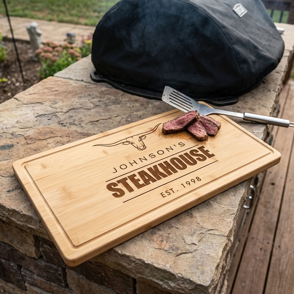 Personalized steakhouse cutting board beside a backyard grill with sliced steak, engraved with a family name, a longhorn and Est. 1998, for the golfer who grills