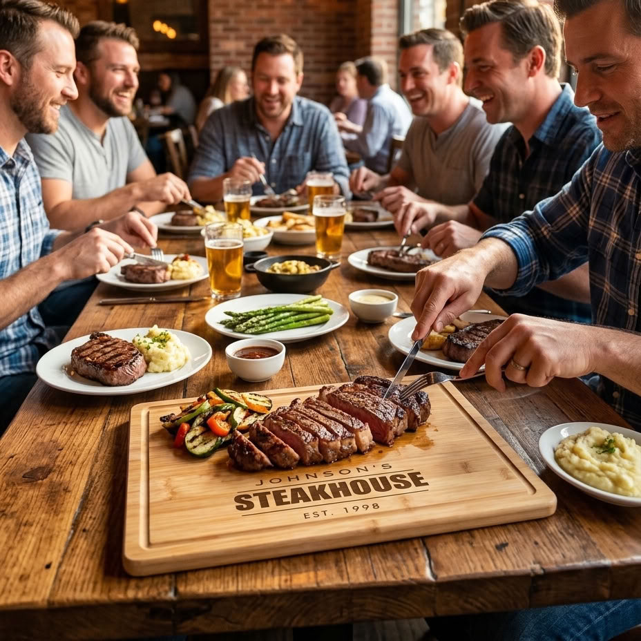 Engraved Johnson Steakhouse bamboo carving board holding sliced steak and grilled vegetables on a dinner table, a personalized gift for a golfer dad