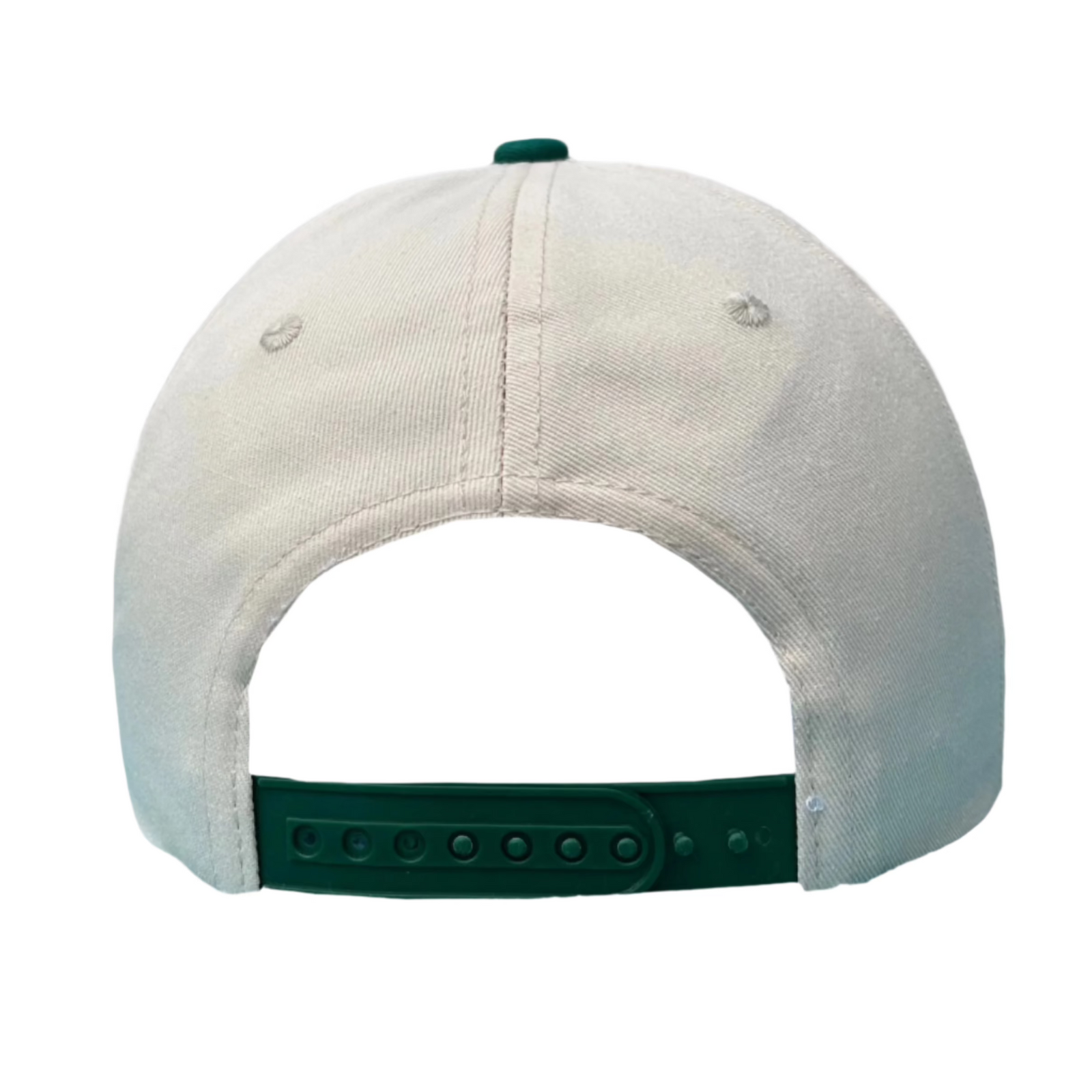 Back view of a light gray cap with a green strap on a white background