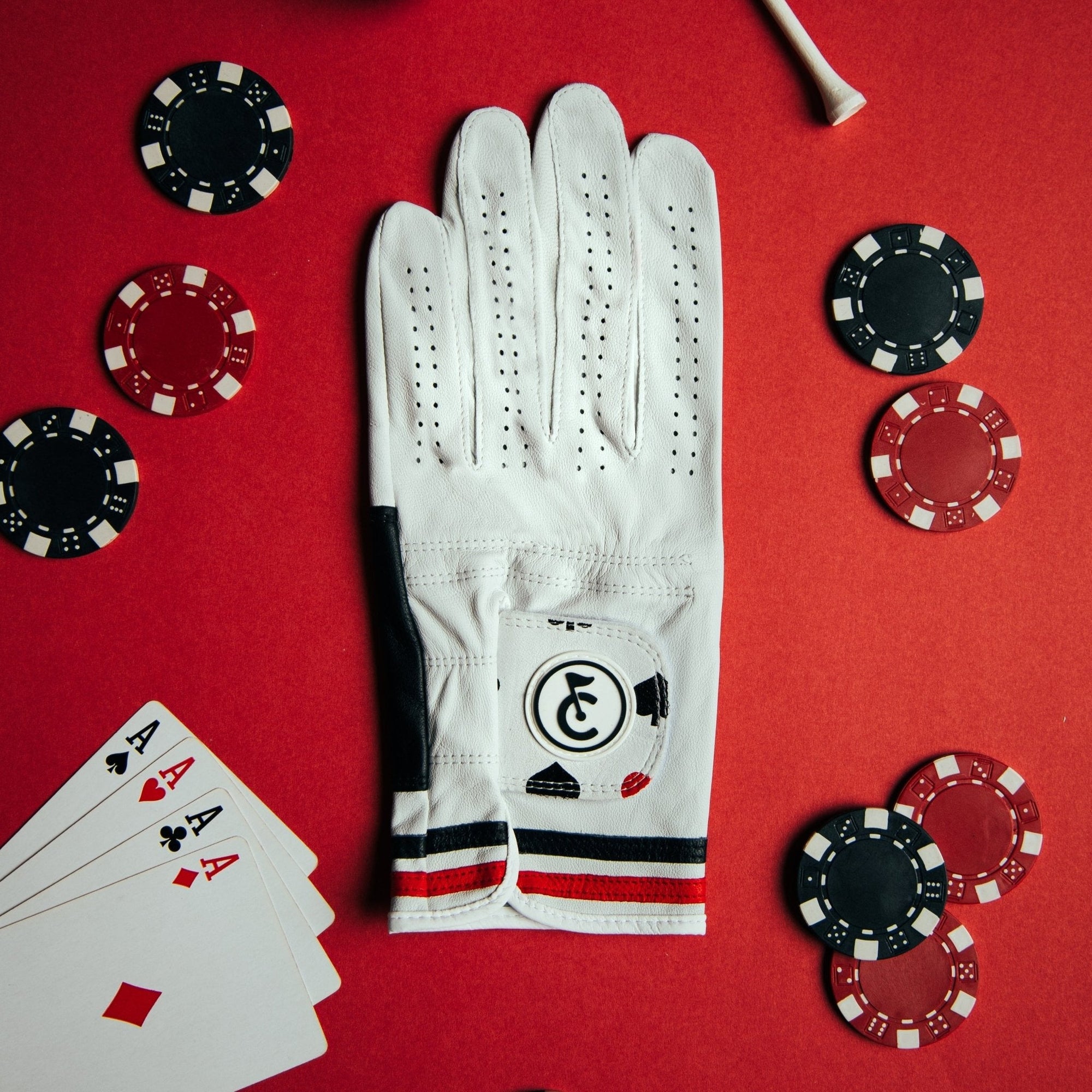 Texas Hole’em golf glove with gambler theme, made of premium cabretta leather