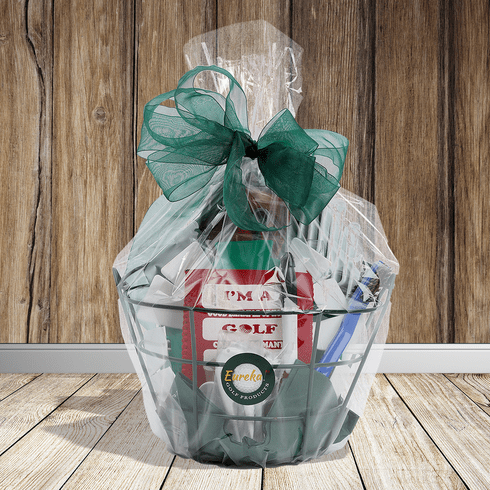 Tournament Golf Gift Basket with golf accessories in green wire basket