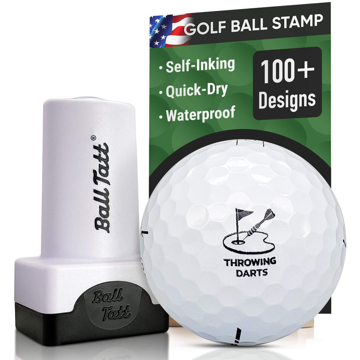 golf ball stamp with “Throwing Darts” design