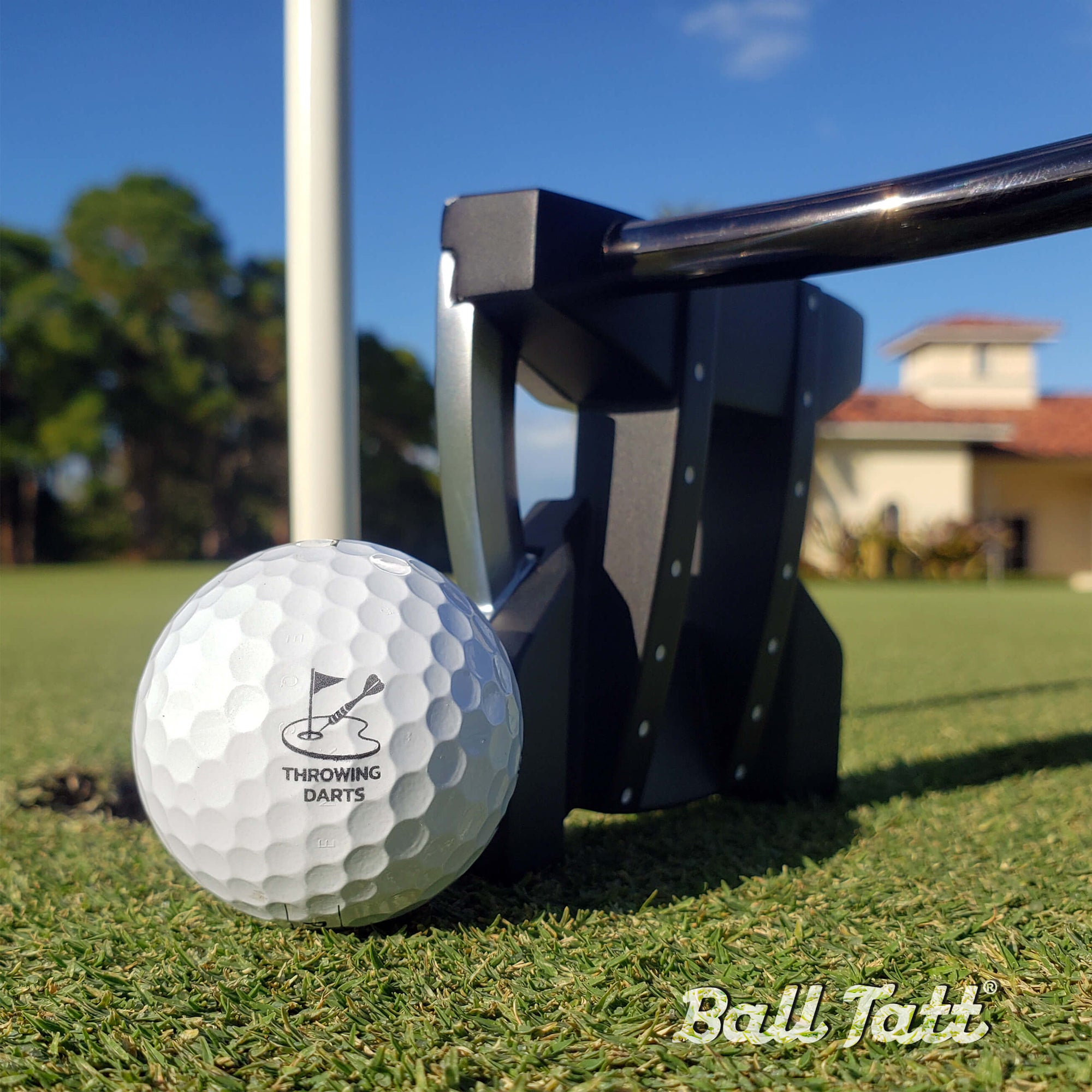 golf ball stamp with “Throwing Darts” design