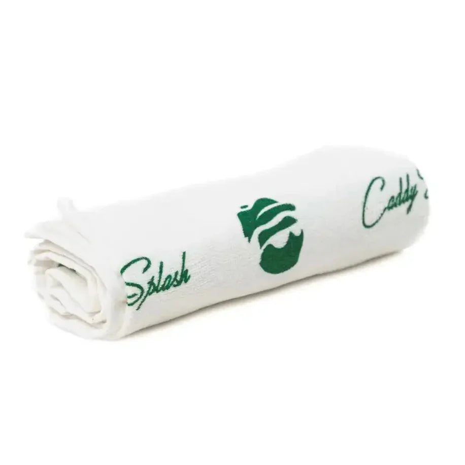 oversized white golf caddy towel with green logo pattern