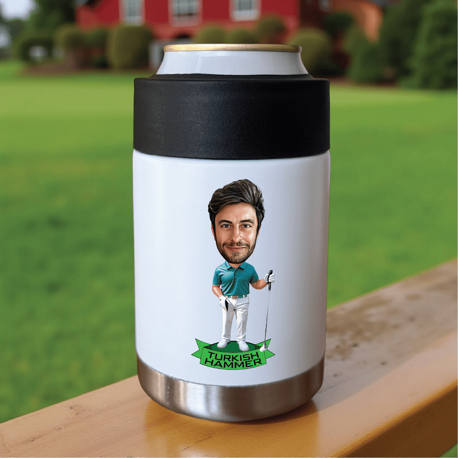 Personalized Golfer Caricature Can Cooler, custom golf gift for dad