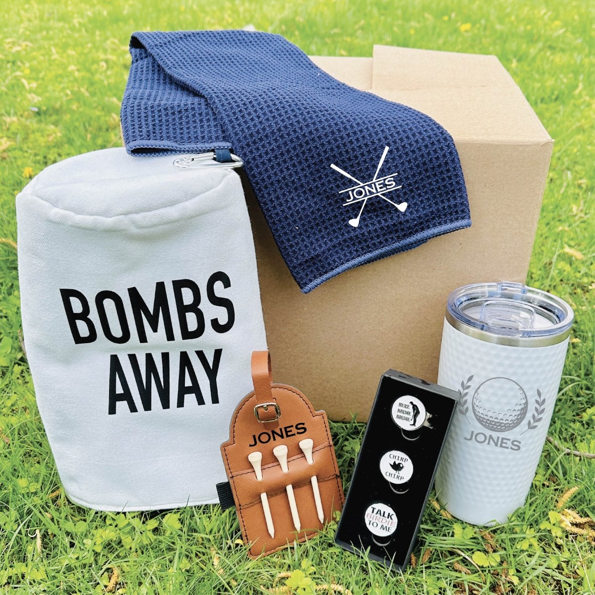 Golfers Dream Set with tumbler, towel, head cover, and ball markers in a custom gift box