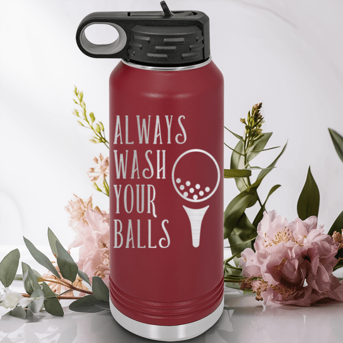 Maroon golf water bottle Always Wash Your Balls