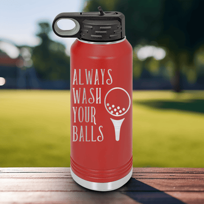 Red golf water bottle Always Wash Your Balls