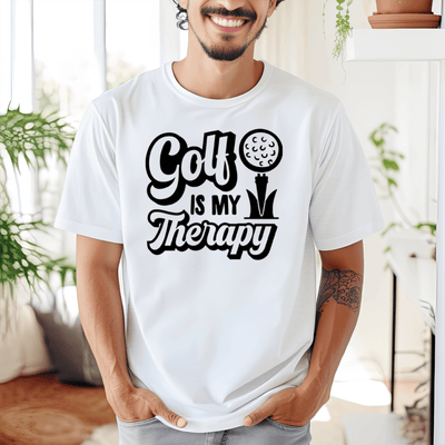 White Mens T-Shirt With Golf Is My Therapy Design