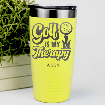 Yellow Golf Tumbler With Golf Is My Therapy Design