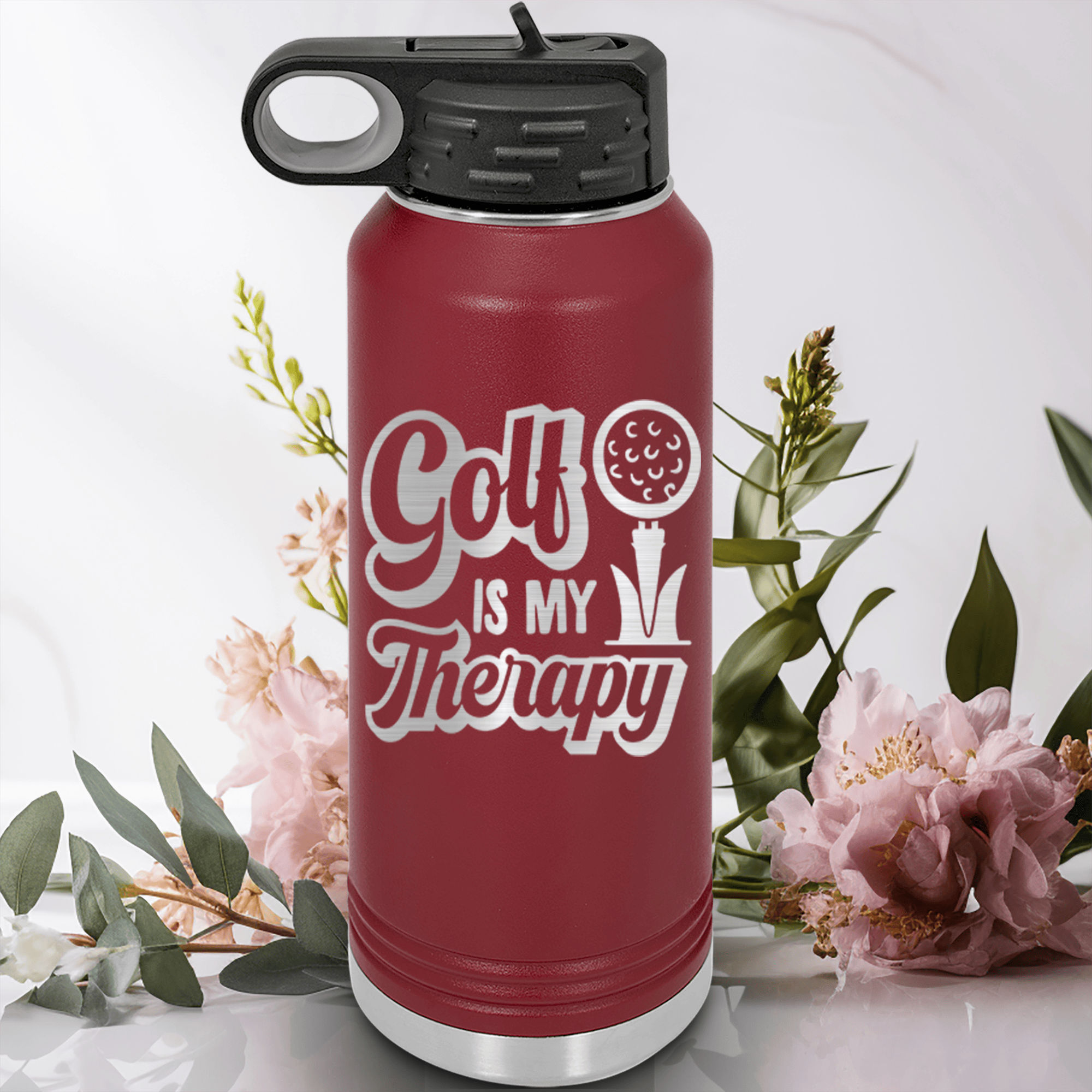 Maroon golf water bottle Golf Is My Therapy