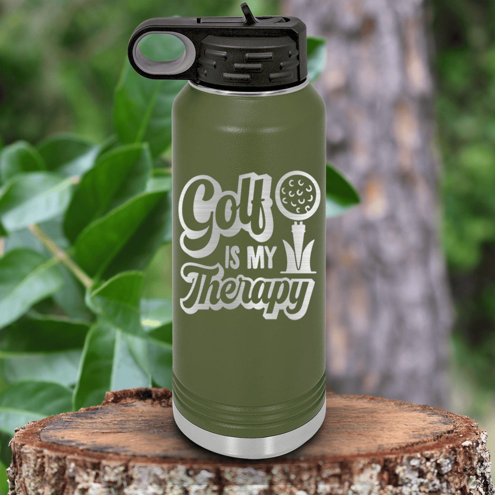 Military Green golf water bottle Golf Is My Therapy