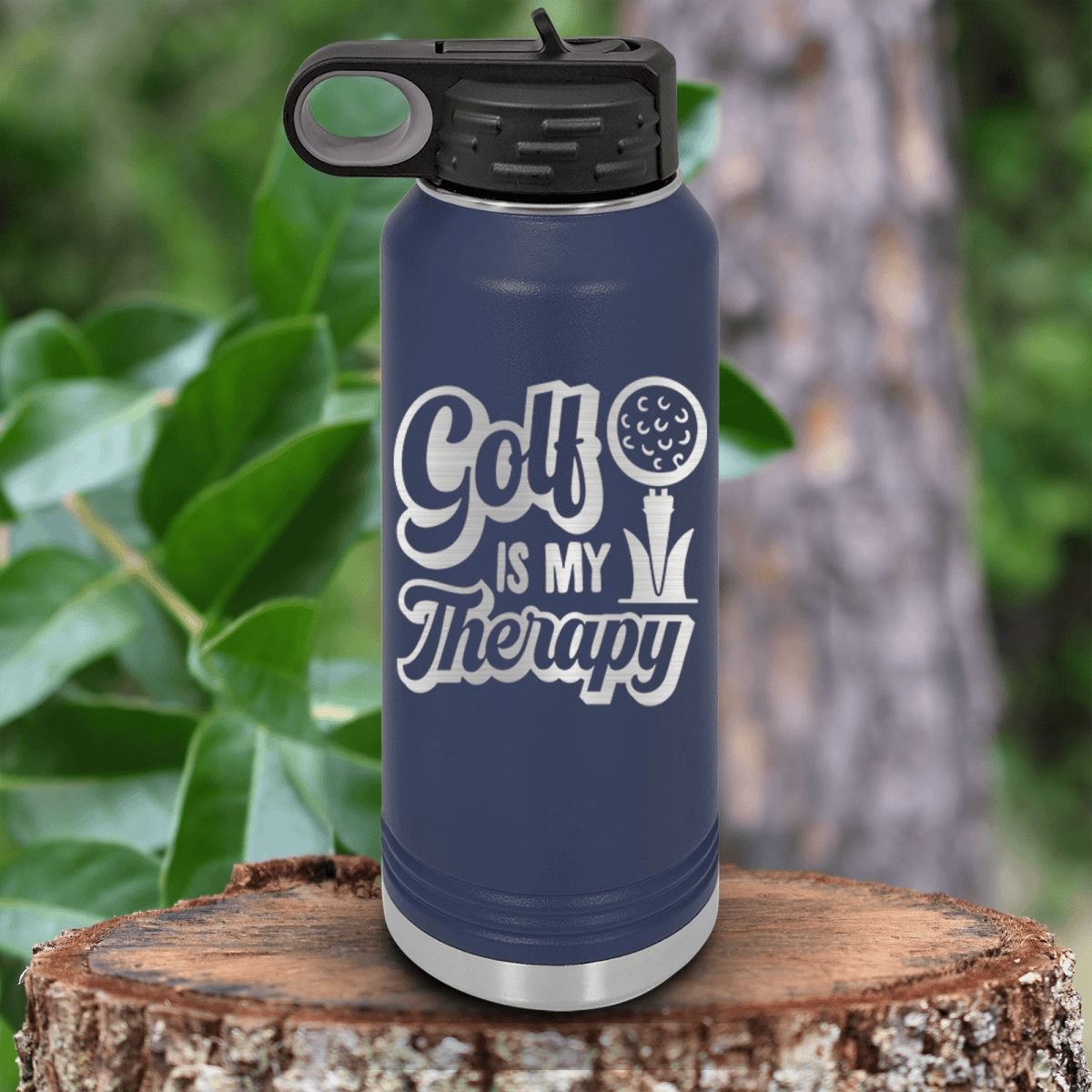 Navy golf water bottle Golf Is My Therapy