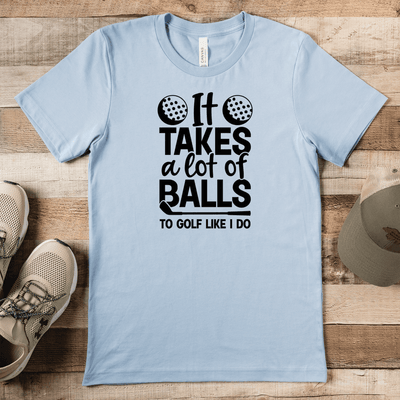 Light Blue Mens T-Shirt With Golfing Takes Balls Design