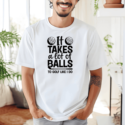 White Mens T-Shirt With Golfing Takes Balls Design