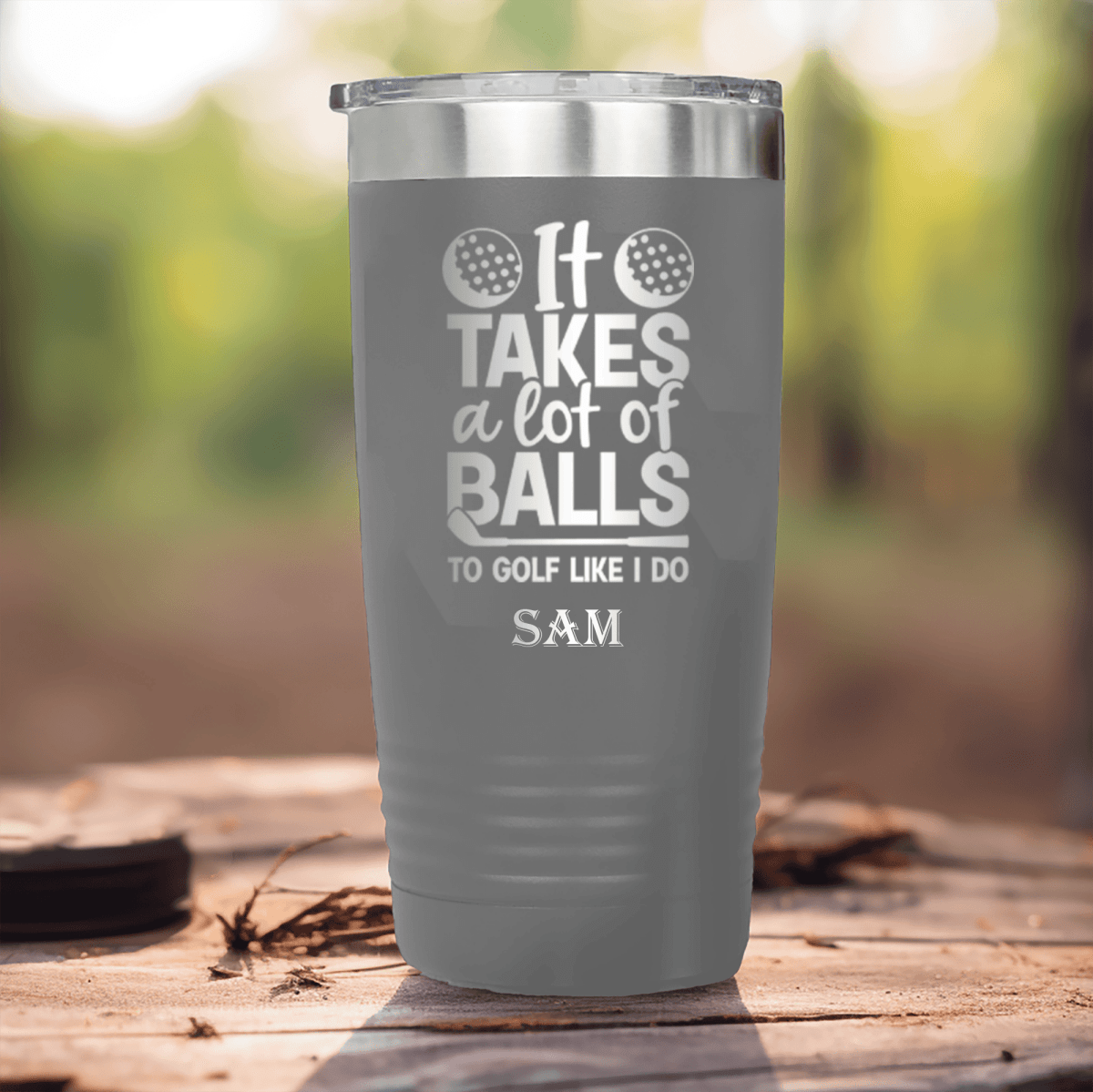 Grey Golf Tumbler With Golfing Takes Balls Design