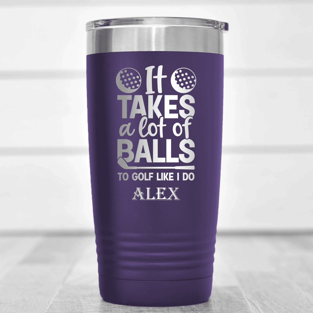 Purple Golf Tumbler With Golfing Takes Balls Design
