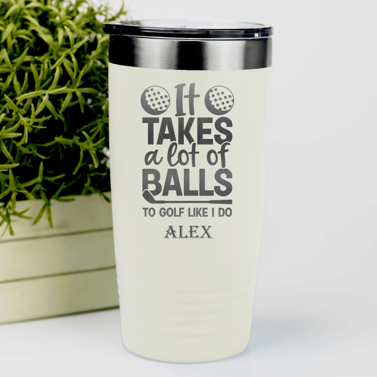 White Golf Tumbler With Golfing Takes Balls Design