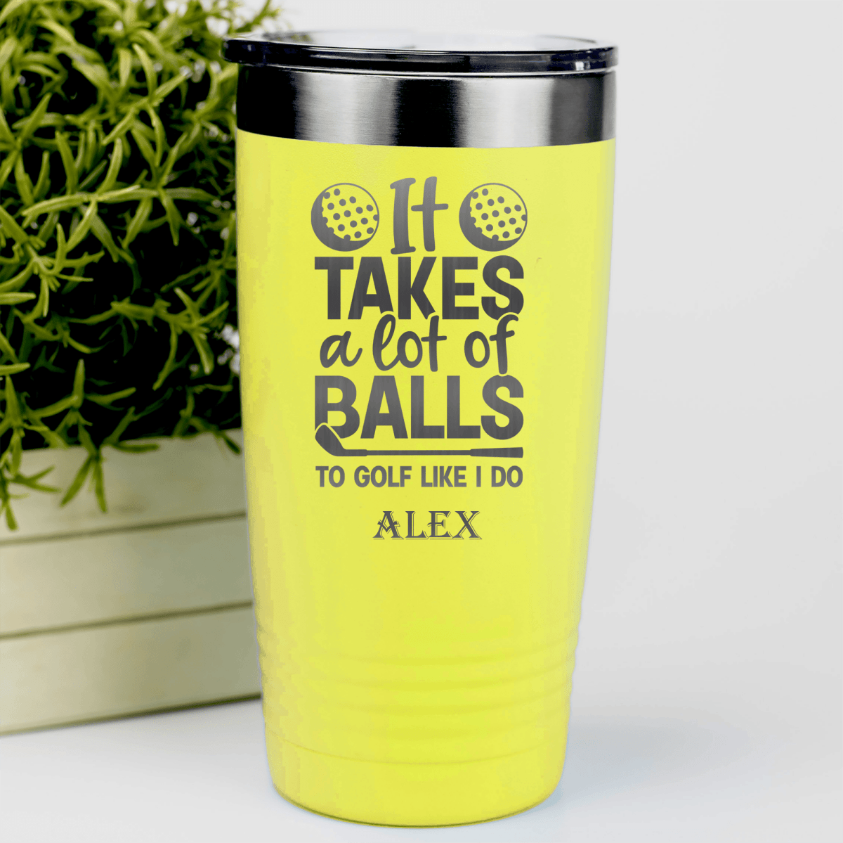 Yellow Golf Tumbler With Golfing Takes Balls Design