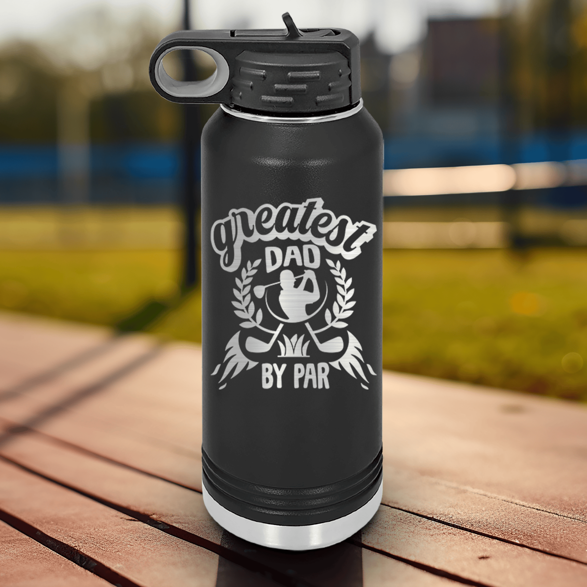 Black golf water bottle Greatest Dad By Par