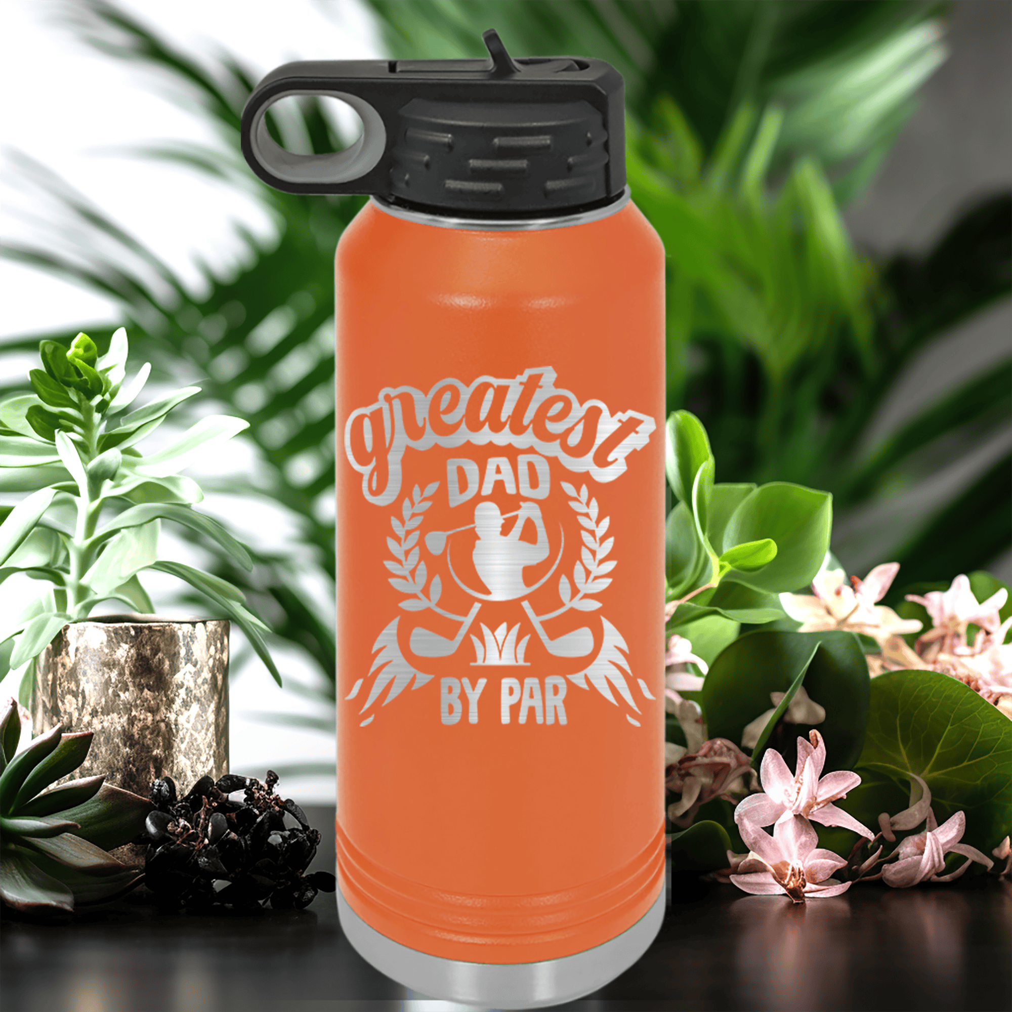 Orange golf water bottle Greatest Dad By Par