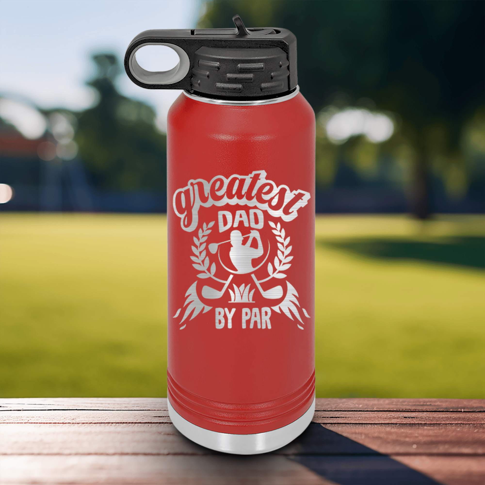Red golf water bottle Greatest Dad By Par
